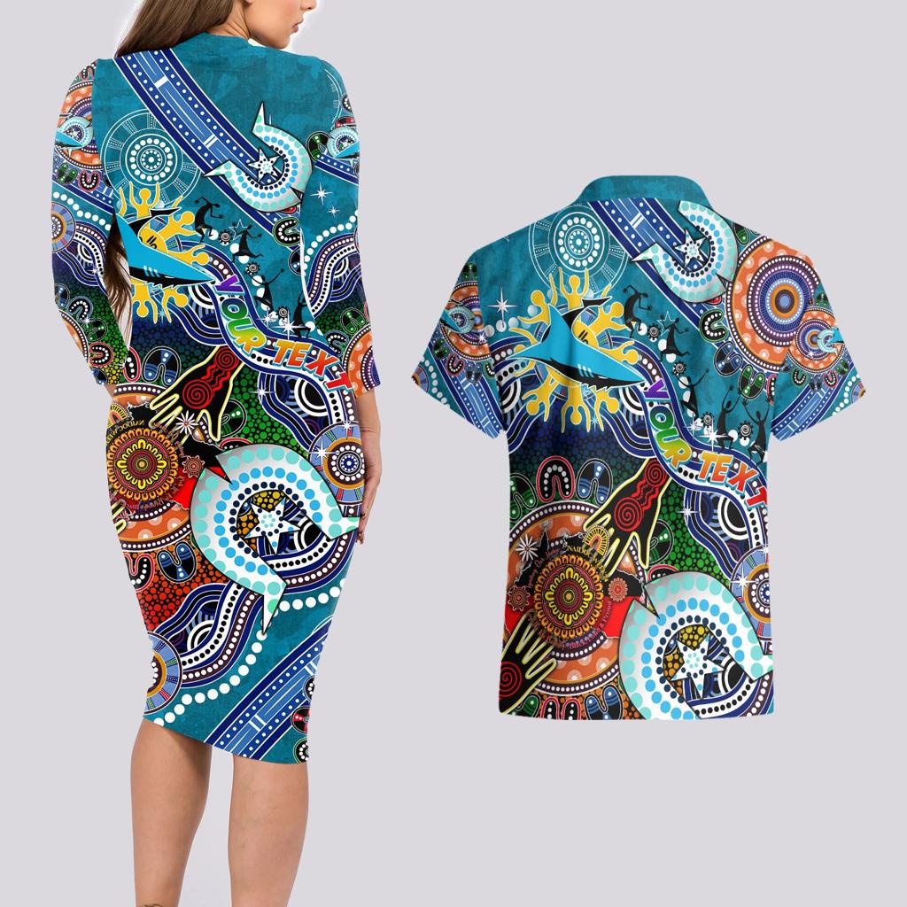 Personalised Sharks NAIDOC Week 2024 Couples Matching Long Sleeve Bodycon Dress and Hawaiian Shirt Australia Aboriginal Dot Painting