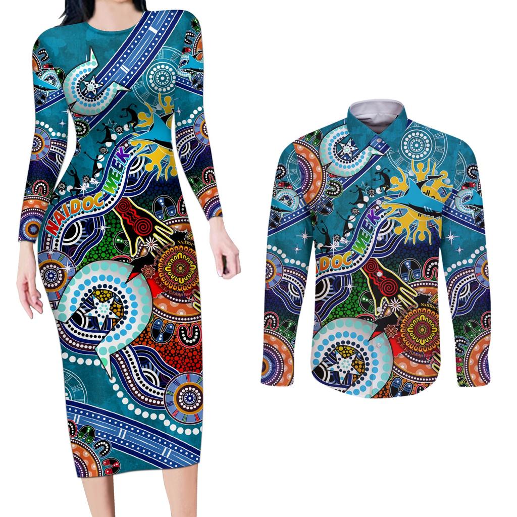 Personalised Sharks NAIDOC Week 2024 Couples Matching Long Sleeve Bodycon Dress and Long Sleeve Button Shirt Australia Aboriginal Dot Painting