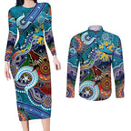 Personalised Sharks NAIDOC Week 2024 Couples Matching Long Sleeve Bodycon Dress and Long Sleeve Button Shirt Australia Aboriginal Dot Painting