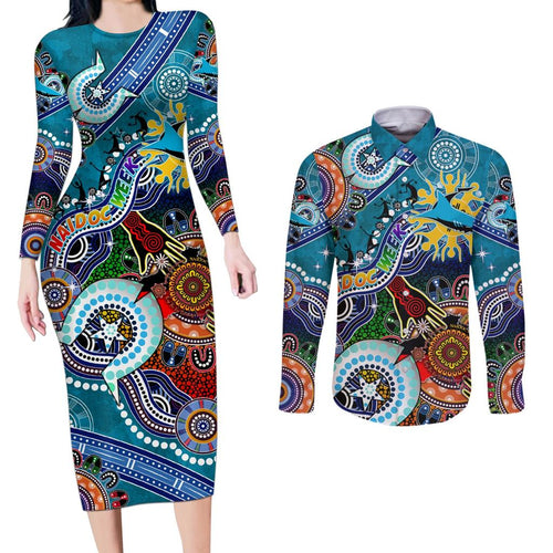 Personalised Sharks NAIDOC Week 2024 Couples Matching Long Sleeve Bodycon Dress and Long Sleeve Button Shirt Australia Aboriginal Dot Painting