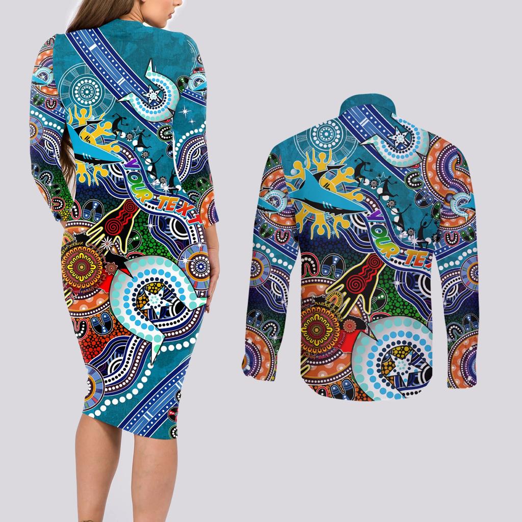 Personalised Sharks NAIDOC Week 2024 Couples Matching Long Sleeve Bodycon Dress and Long Sleeve Button Shirt Australia Aboriginal Dot Painting