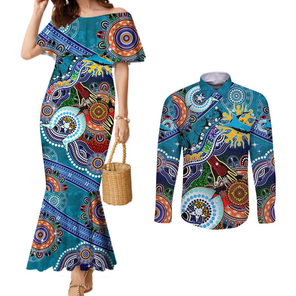 Personalised Sharks NAIDOC Week 2024 Couples Matching Mermaid Dress and Long Sleeve Button Shirt Australia Aboriginal Dot Painting
