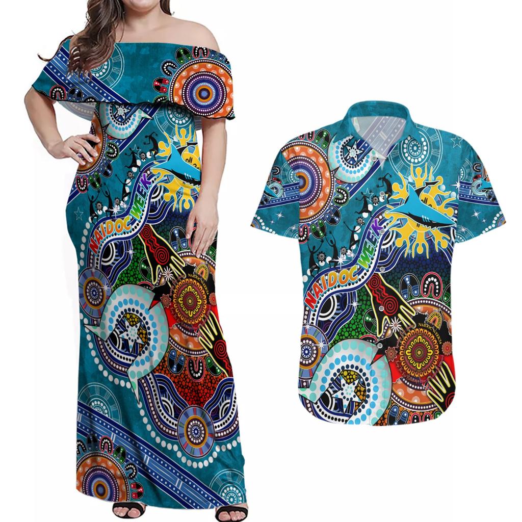 Personalised Sharks NAIDOC Week 2024 Couples Matching Off Shoulder Maxi Dress and Hawaiian Shirt Australia Aboriginal Dot Painting