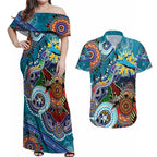 Personalised Sharks NAIDOC Week 2024 Couples Matching Off Shoulder Maxi Dress and Hawaiian Shirt Australia Aboriginal Dot Painting