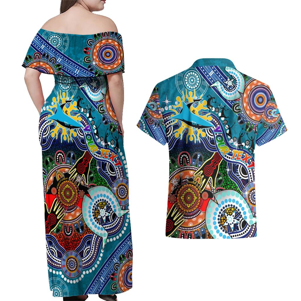 Personalised Sharks NAIDOC Week 2024 Couples Matching Off Shoulder Maxi Dress and Hawaiian Shirt Australia Aboriginal Dot Painting