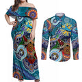 Personalised Sharks NAIDOC Week 2024 Couples Matching Off Shoulder Maxi Dress and Long Sleeve Button Shirt Australia Aboriginal Dot Painting