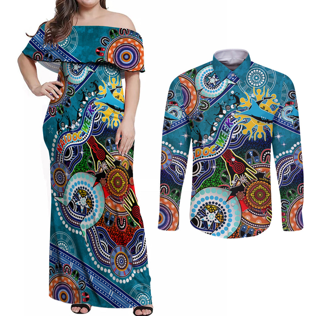 Personalised Sharks NAIDOC Week 2024 Couples Matching Off Shoulder Maxi Dress and Long Sleeve Button Shirt Australia Aboriginal Dot Painting