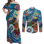 Personalised Sharks NAIDOC Week 2024 Couples Matching Off Shoulder Maxi Dress and Long Sleeve Button Shirt Australia Aboriginal Dot Painting