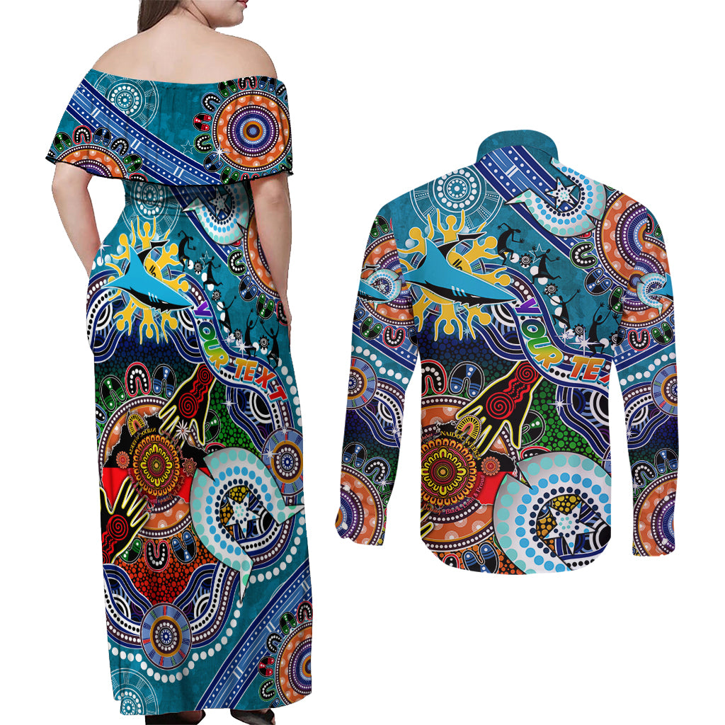 Personalised Sharks NAIDOC Week 2024 Couples Matching Off Shoulder Maxi Dress and Long Sleeve Button Shirt Australia Aboriginal Dot Painting