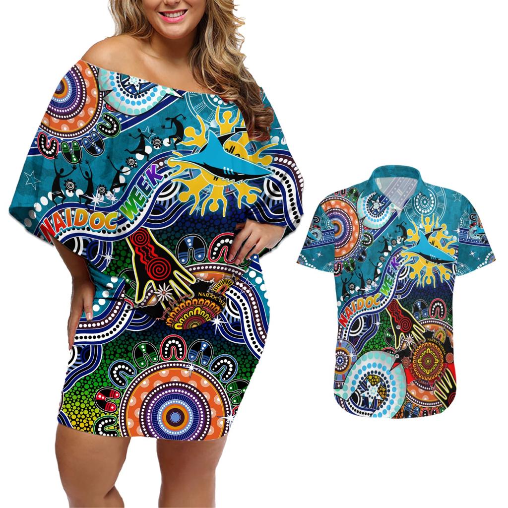 Personalised Sharks NAIDOC Week 2024 Couples Matching Off Shoulder Short Dress and Hawaiian Shirt Australia Aboriginal Dot Painting