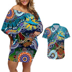 Personalised Sharks NAIDOC Week 2024 Couples Matching Off Shoulder Short Dress and Hawaiian Shirt Australia Aboriginal Dot Painting