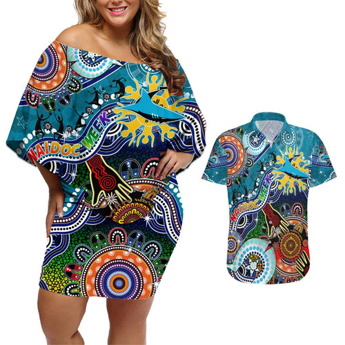 Personalised Sharks NAIDOC Week 2024 Couples Matching Off Shoulder Short Dress and Hawaiian Shirt Australia Aboriginal Dot Painting