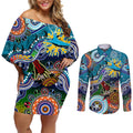 Personalised Sharks NAIDOC Week 2024 Couples Matching Off Shoulder Short Dress and Long Sleeve Button Shirt Australia Aboriginal Dot Painting