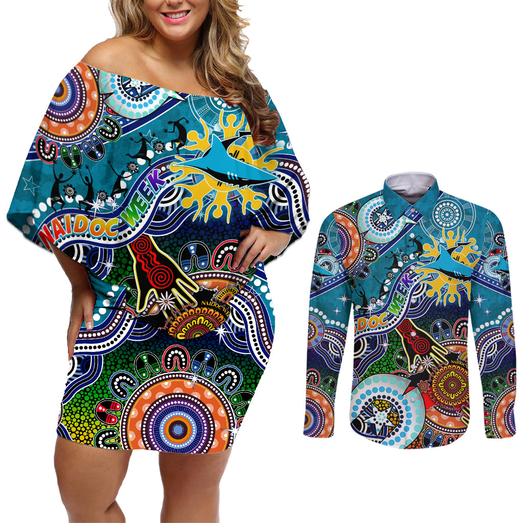 Personalised Sharks NAIDOC Week 2024 Couples Matching Off Shoulder Short Dress and Long Sleeve Button Shirt Australia Aboriginal Dot Painting