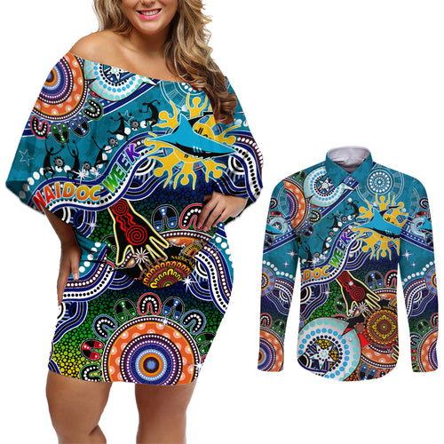 Personalised Sharks NAIDOC Week 2024 Couples Matching Off Shoulder Short Dress and Long Sleeve Button Shirt Australia Aboriginal Dot Painting
