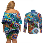 Personalised Sharks NAIDOC Week 2024 Couples Matching Off Shoulder Short Dress and Long Sleeve Button Shirt Australia Aboriginal Dot Painting