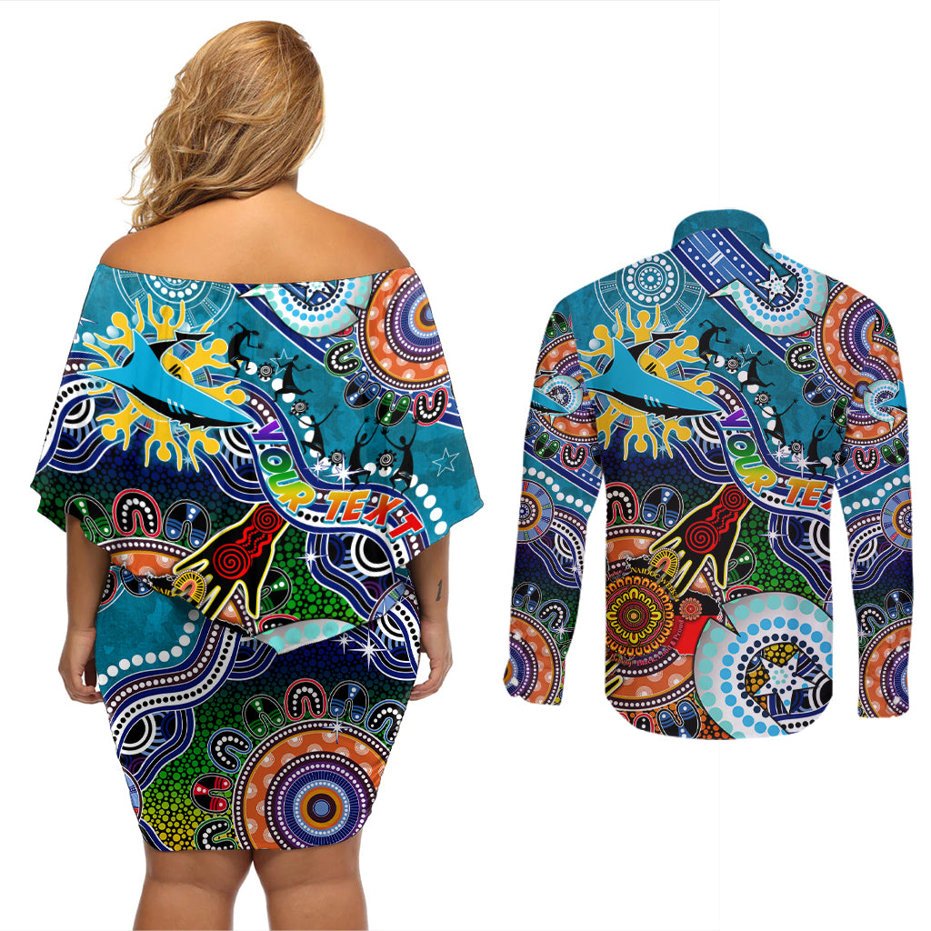 Personalised Sharks NAIDOC Week 2024 Couples Matching Off Shoulder Short Dress and Long Sleeve Button Shirt Australia Aboriginal Dot Painting