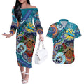 Personalised Sharks NAIDOC Week 2024 Couples Matching Off The Shoulder Long Sleeve Dress and Hawaiian Shirt Australia Aboriginal Dot Painting