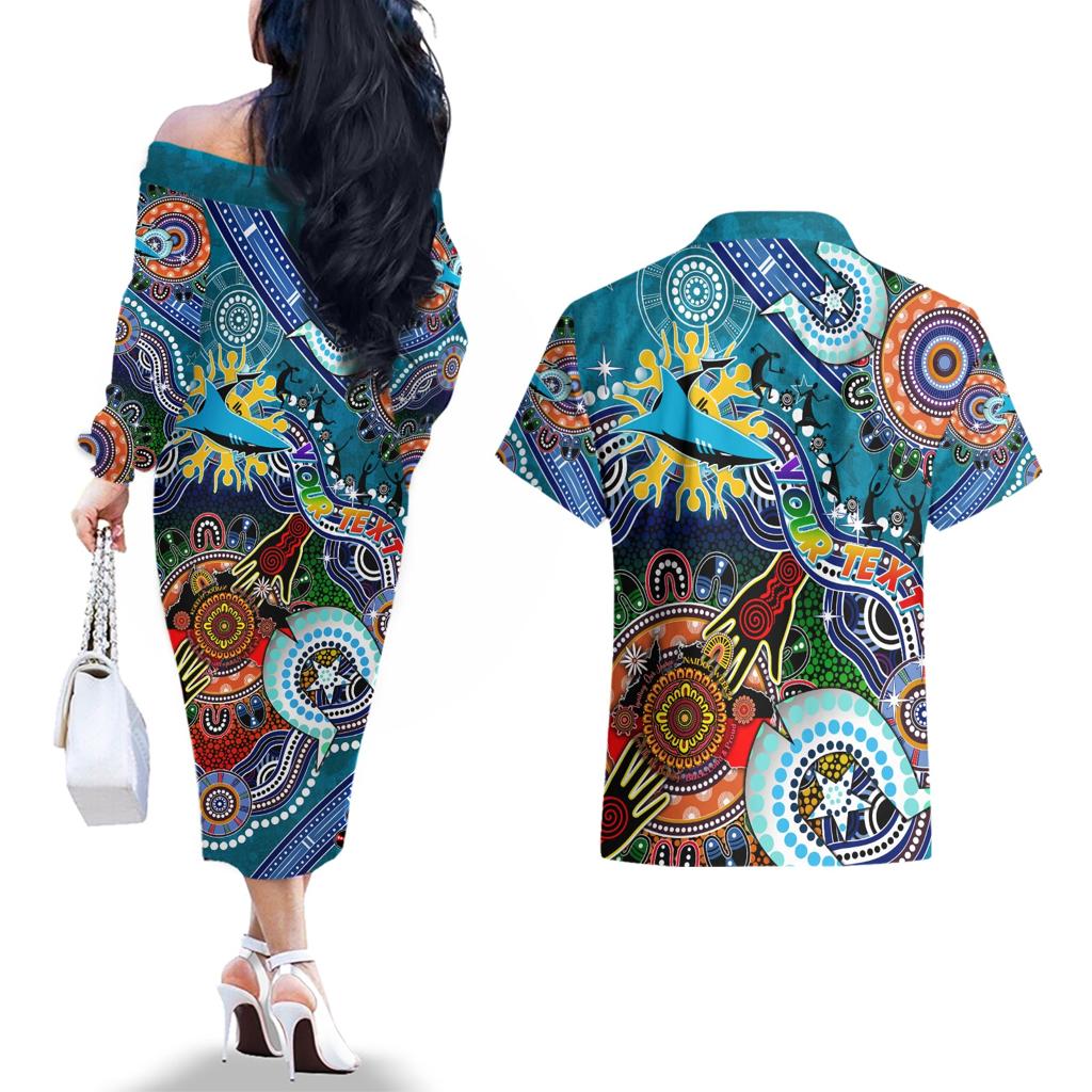 Personalised Sharks NAIDOC Week 2024 Couples Matching Off The Shoulder Long Sleeve Dress and Hawaiian Shirt Australia Aboriginal Dot Painting