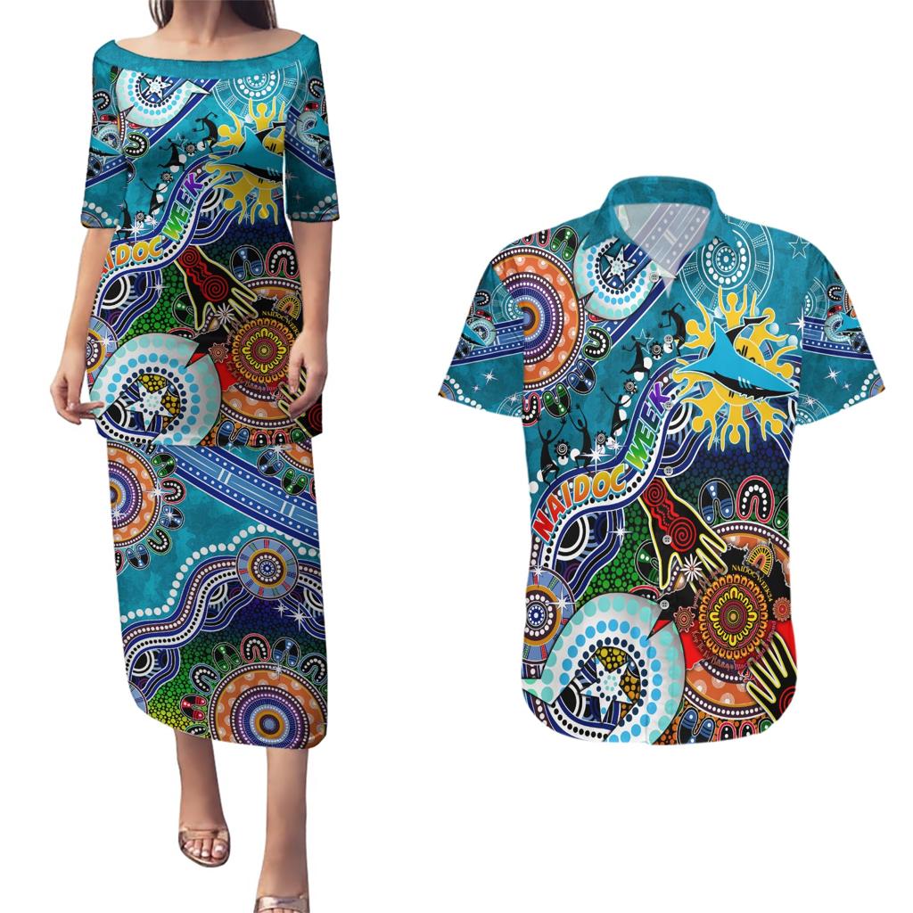 Personalised Sharks NAIDOC Week 2024 Couples Matching Puletasi and Hawaiian Shirt Australia Aboriginal Dot Painting