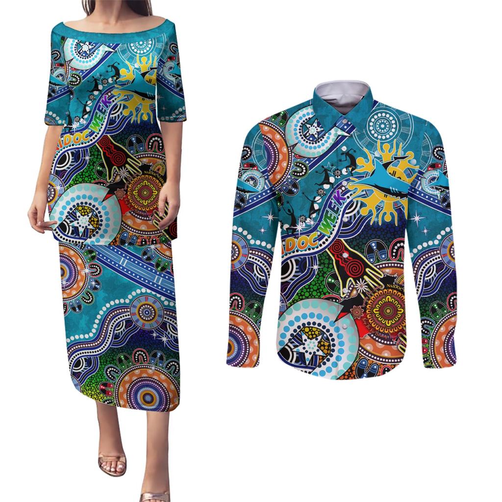 Personalised Sharks NAIDOC Week 2024 Couples Matching Puletasi and Long Sleeve Button Shirt Australia Aboriginal Dot Painting