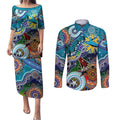 Personalised Sharks NAIDOC Week 2024 Couples Matching Puletasi and Long Sleeve Button Shirt Australia Aboriginal Dot Painting