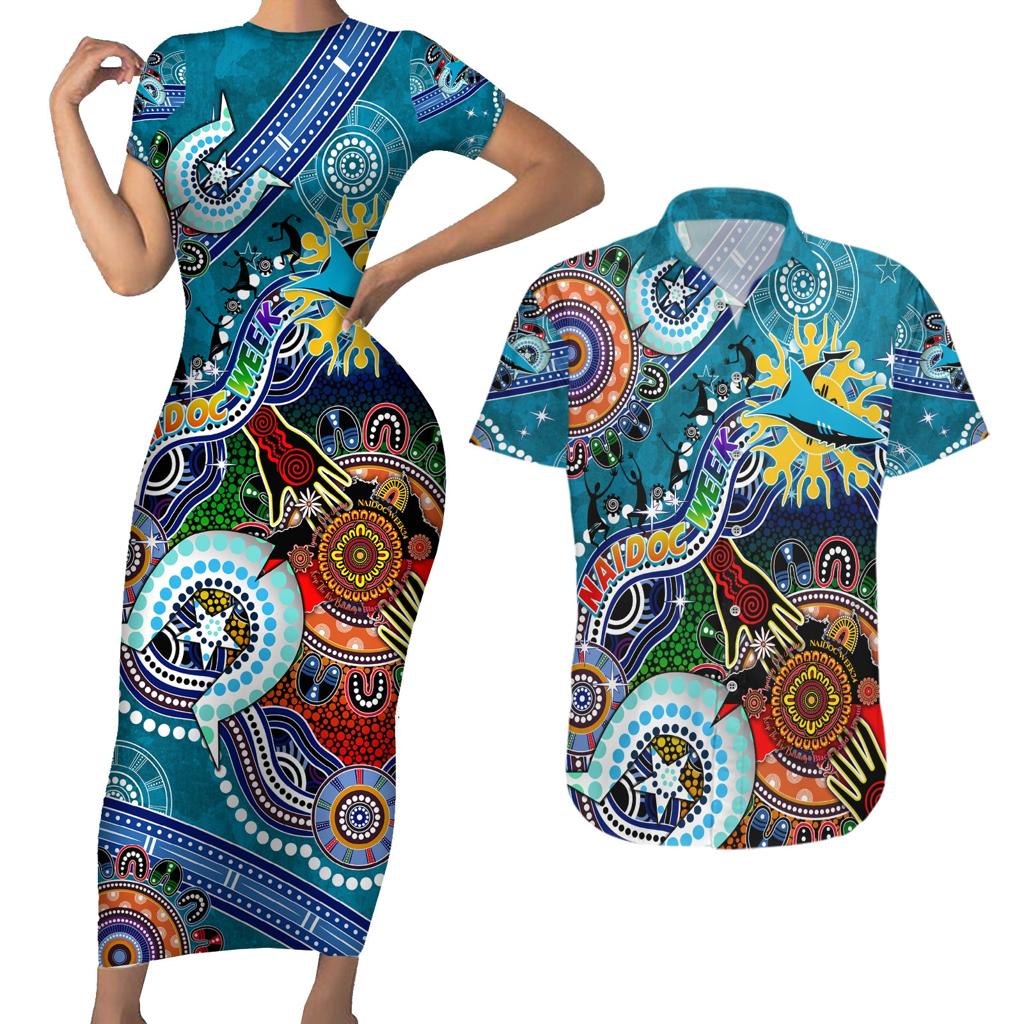 Personalised Sharks NAIDOC Week 2024 Couples Matching Short Sleeve Bodycon Dress and Hawaiian Shirt Australia Aboriginal Dot Painting