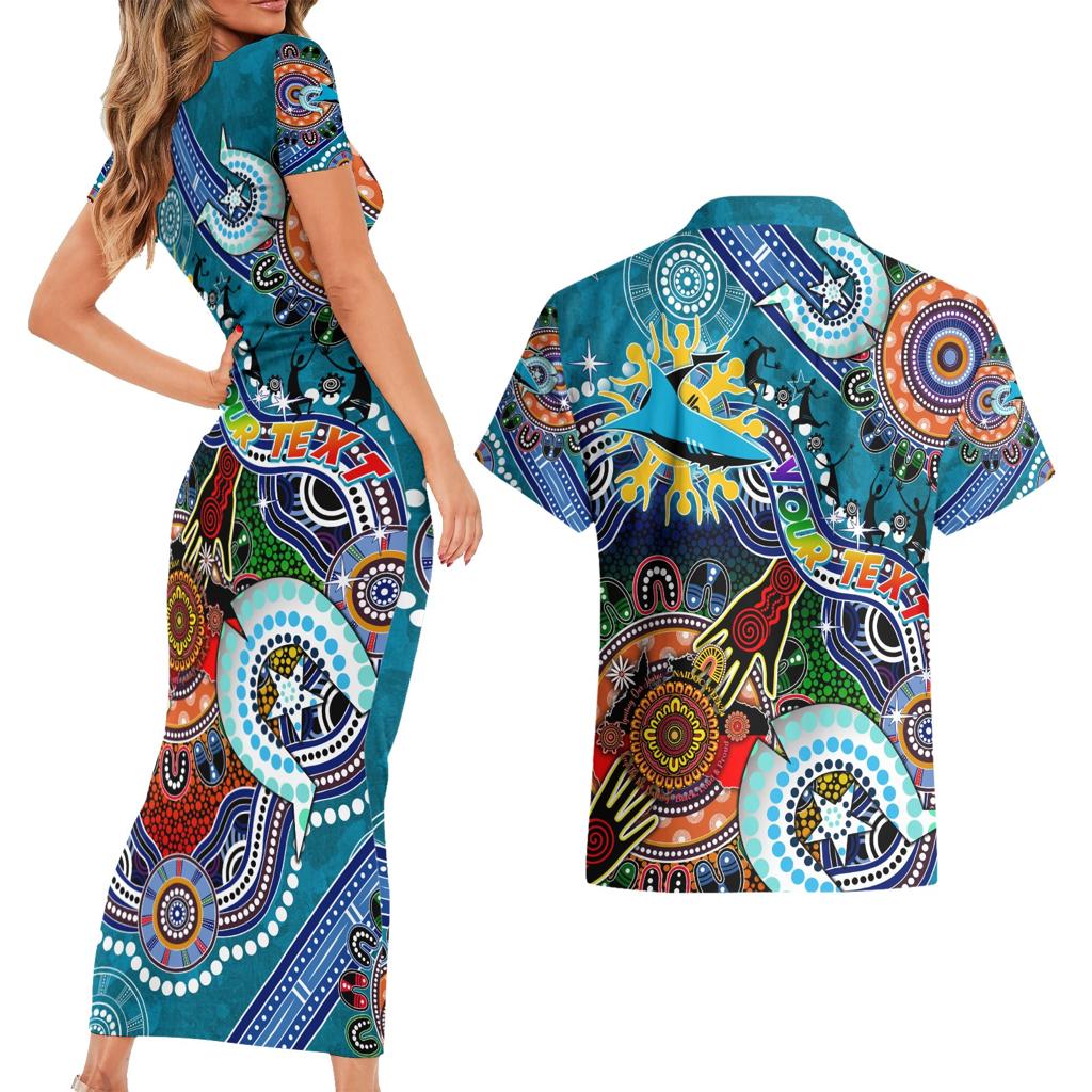 Personalised Sharks NAIDOC Week 2024 Couples Matching Short Sleeve Bodycon Dress and Hawaiian Shirt Australia Aboriginal Dot Painting