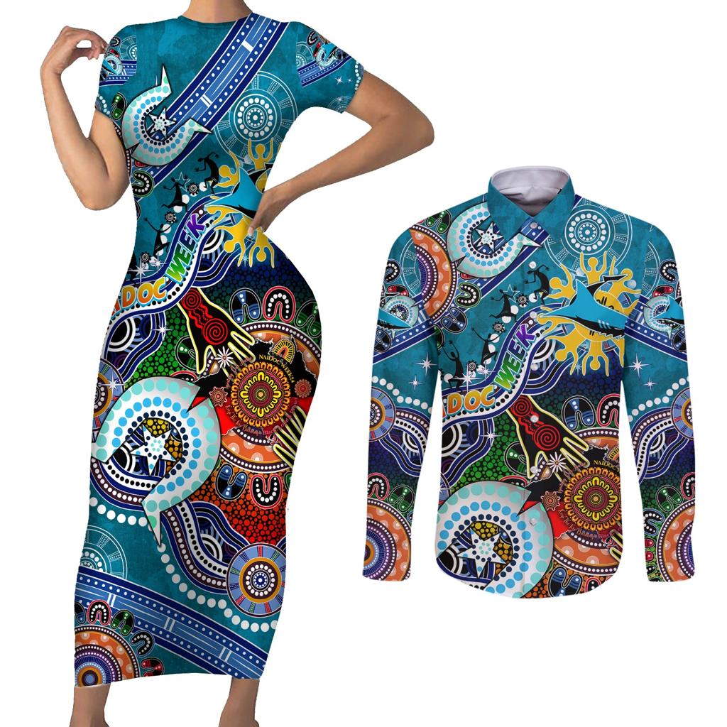 Personalised Sharks NAIDOC Week 2024 Couples Matching Short Sleeve Bodycon Dress and Long Sleeve Button Shirt Australia Aboriginal Dot Painting
