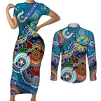 Personalised Sharks NAIDOC Week 2024 Couples Matching Short Sleeve Bodycon Dress and Long Sleeve Button Shirt Australia Aboriginal Dot Painting