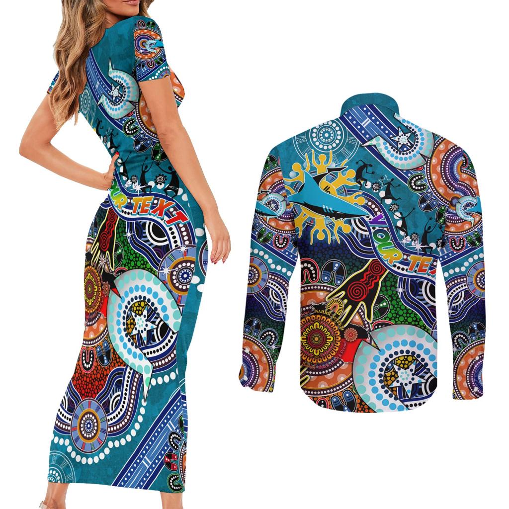 Personalised Sharks NAIDOC Week 2024 Couples Matching Short Sleeve Bodycon Dress and Long Sleeve Button Shirt Australia Aboriginal Dot Painting