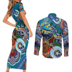 Personalised Sharks NAIDOC Week 2024 Couples Matching Short Sleeve Bodycon Dress and Long Sleeve Button Shirt Australia Aboriginal Dot Painting