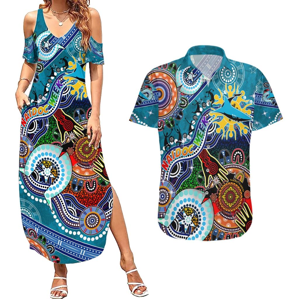 Personalised Sharks NAIDOC Week 2024 Couples Matching Summer Maxi Dress and Hawaiian Shirt Australia Aboriginal Dot Painting
