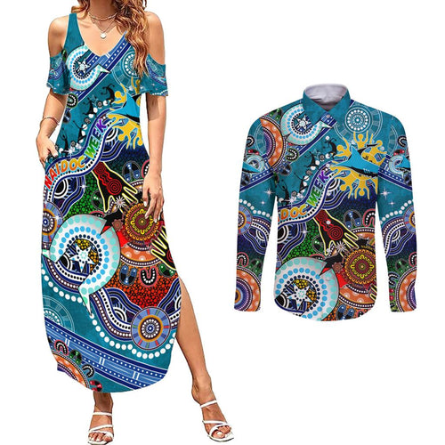 Personalised Sharks NAIDOC Week 2024 Couples Matching Summer Maxi Dress and Long Sleeve Button Shirt Australia Aboriginal Dot Painting