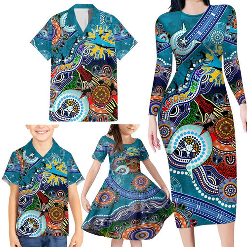 Personalised Sharks NAIDOC Week 2024 Family Matching Long Sleeve Bodycon Dress and Hawaiian Shirt Australia Aboriginal Dot Painting