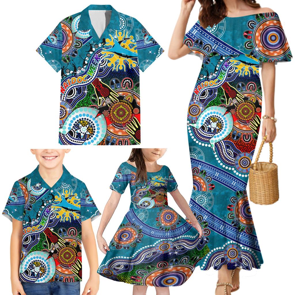 Personalised Sharks NAIDOC Week 2024 Family Matching Mermaid Dress and Hawaiian Shirt Australia Aboriginal Dot Painting