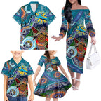 Personalised Sharks NAIDOC Week 2024 Family Matching Off The Shoulder Long Sleeve Dress and Hawaiian Shirt Australia Aboriginal Dot Painting