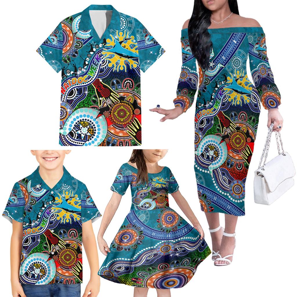 Personalised Sharks NAIDOC Week 2024 Family Matching Off The Shoulder Long Sleeve Dress and Hawaiian Shirt Australia Aboriginal Dot Painting