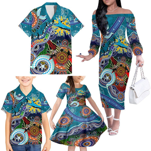 Personalised Sharks NAIDOC Week 2024 Family Matching Off The Shoulder Long Sleeve Dress and Hawaiian Shirt Australia Aboriginal Dot Painting
