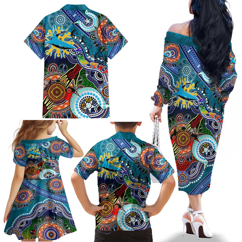 Personalised Sharks NAIDOC Week 2024 Family Matching Off The Shoulder Long Sleeve Dress and Hawaiian Shirt Australia Aboriginal Dot Painting