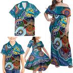 Personalised Sharks NAIDOC Week 2024 Family Matching Off Shoulder Maxi Dress and Hawaiian Shirt Australia Aboriginal Dot Painting