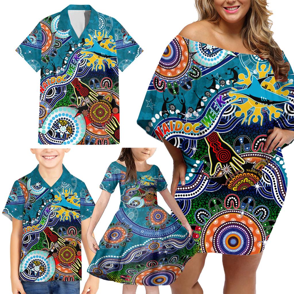 Personalised Sharks NAIDOC Week 2024 Family Matching Off Shoulder Short Dress and Hawaiian Shirt Australia Aboriginal Dot Painting