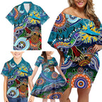 Personalised Sharks NAIDOC Week 2024 Family Matching Off Shoulder Short Dress and Hawaiian Shirt Australia Aboriginal Dot Painting