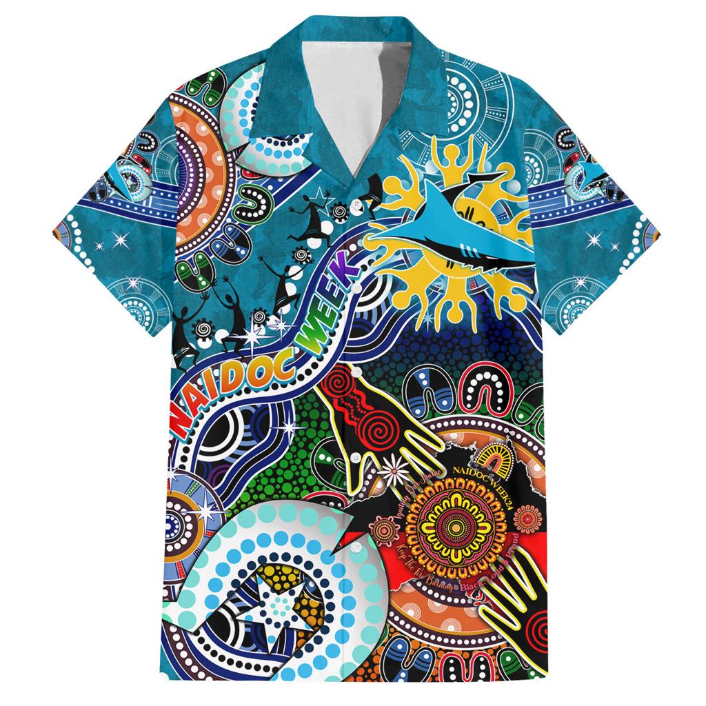 Personalised Sharks NAIDOC Week 2024 Family Matching Off Shoulder Short Dress and Hawaiian Shirt Australia Aboriginal Dot Painting