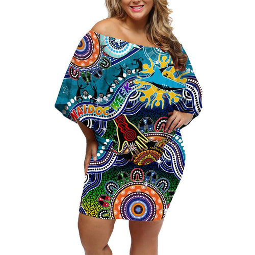 Personalised Sharks NAIDOC Week 2024 Family Matching Off Shoulder Short Dress and Hawaiian Shirt Australia Aboriginal Dot Painting