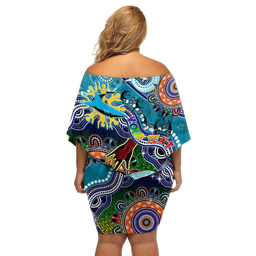 Personalised Sharks NAIDOC Week 2024 Family Matching Off Shoulder Short Dress and Hawaiian Shirt Australia Aboriginal Dot Painting