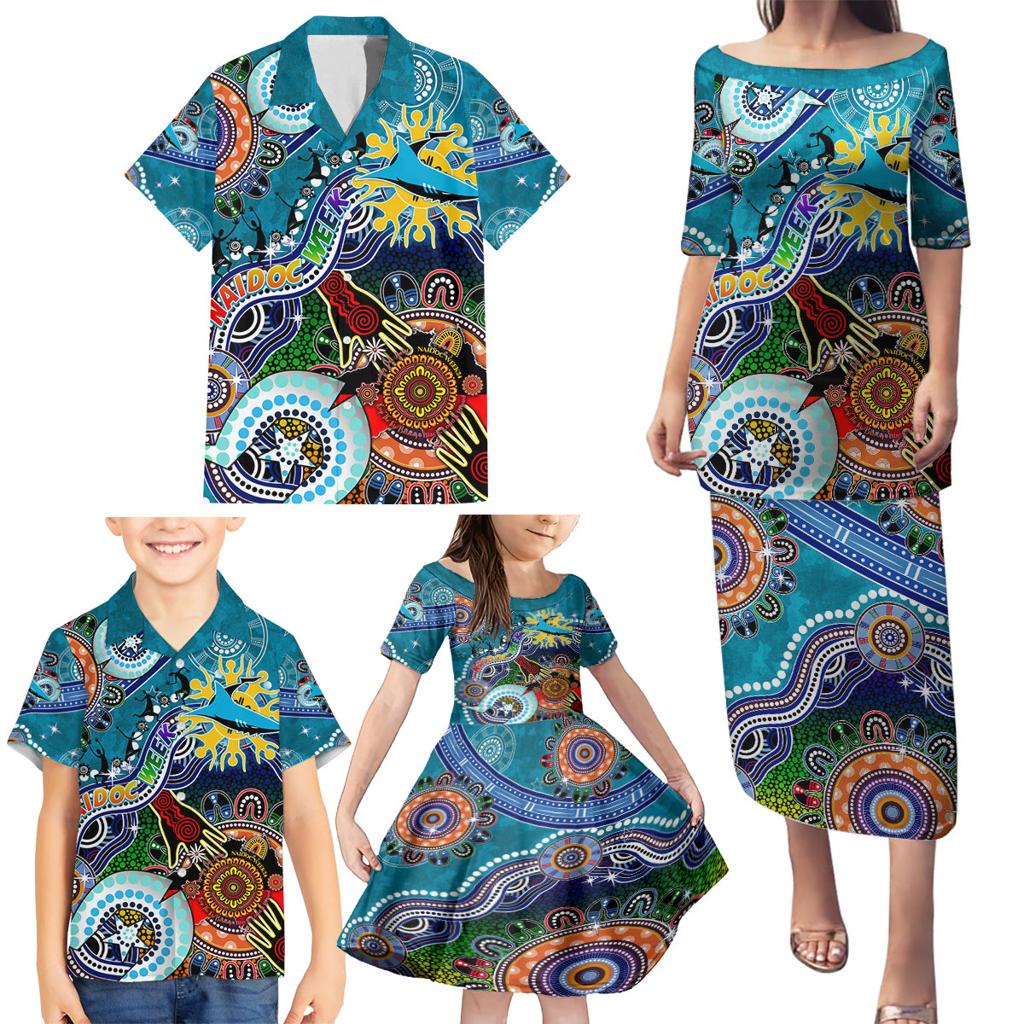 Personalised Sharks NAIDOC Week 2024 Family Matching Puletasi and Hawaiian Shirt Australia Aboriginal Dot Painting