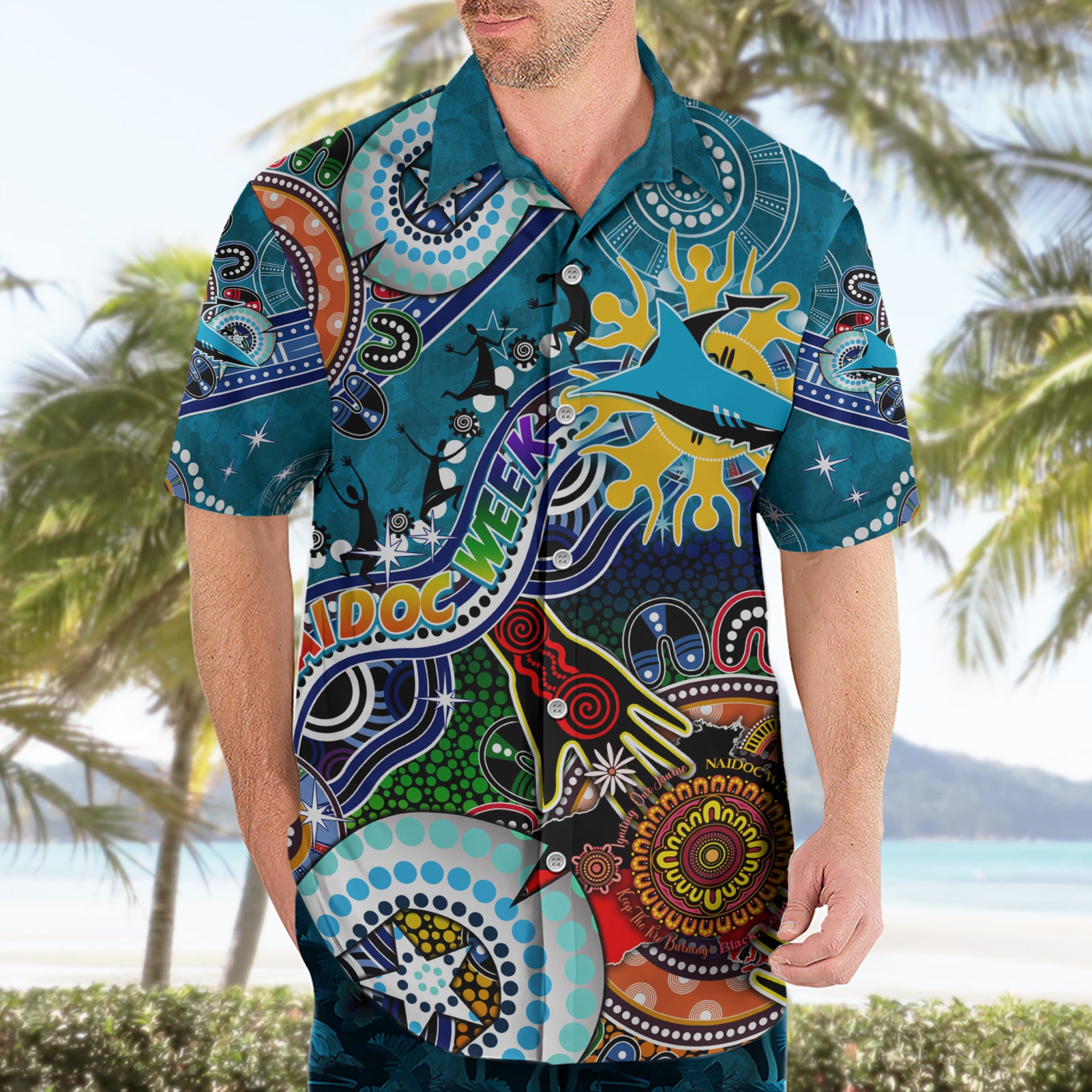 Personalised Sharks NAIDOC Week 2024 Hawaiian Shirt Australia Aboriginal Dot Painting