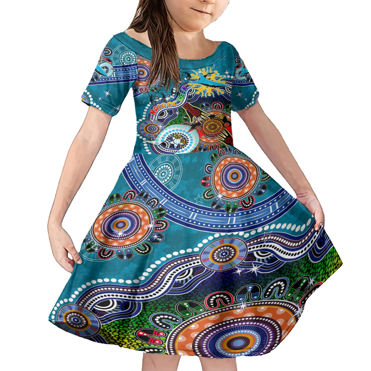 Personalised Sharks NAIDOC Week 2024 Kid Short Sleeve Dress Australia Aboriginal Dot Painting