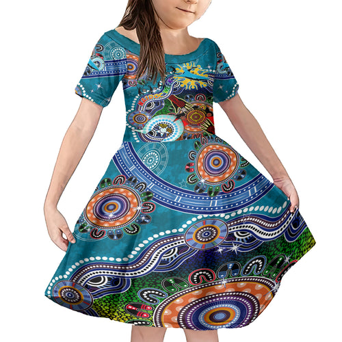 Personalised Sharks NAIDOC Week 2024 Kid Short Sleeve Dress Australia Aboriginal Dot Painting
